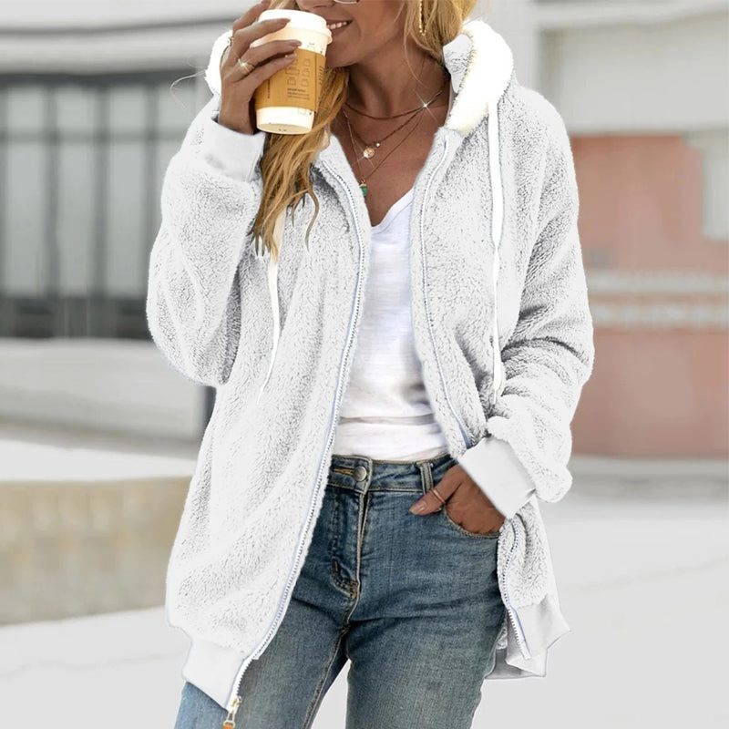 Women's Oversized Sherpa Fleece Jacket - White, front view