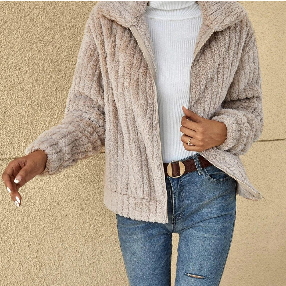Women's Teddy Fleece Jacket - Beige, side view