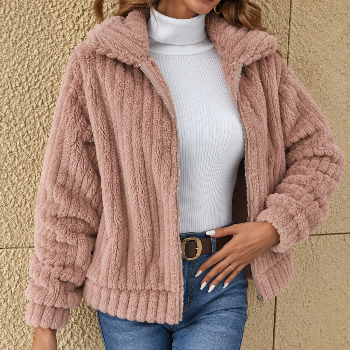 Women's Teddy Fleece Jacket - Pink, front view