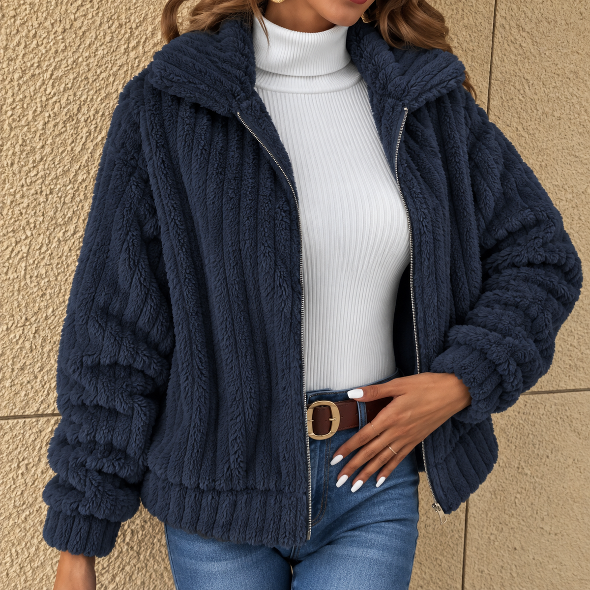 Women's Teddy Fleece Jacket - Navy Blue, front view