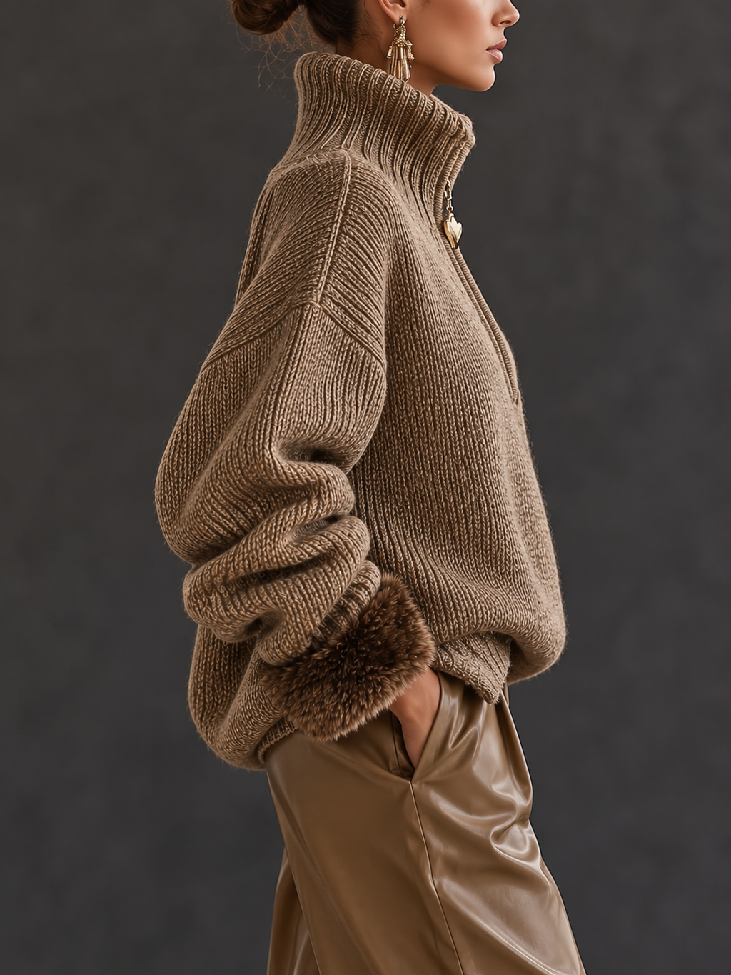 Women's Chunky Half-Zip Jumper - Mocha, detail view