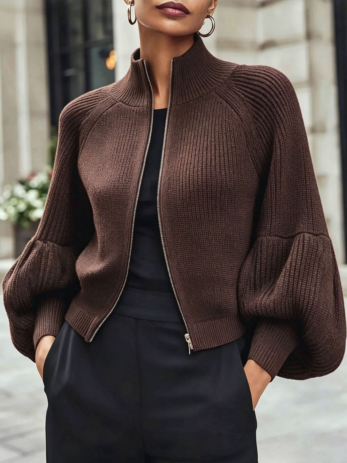 Women's Cropped Zip Cardigan - Brown, front view