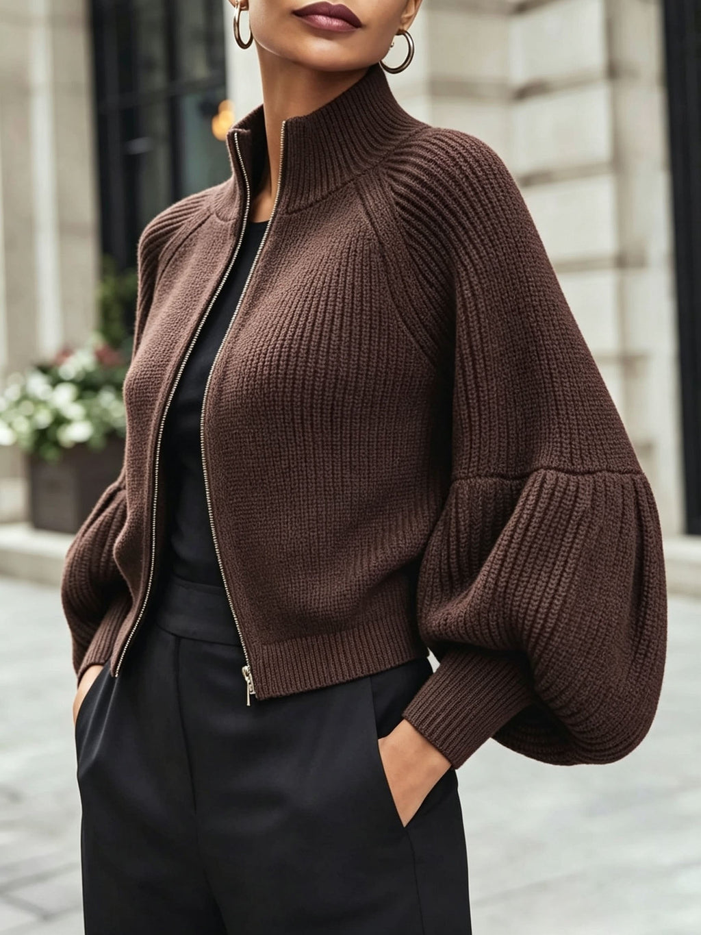 Women's Cropped Zip Cardigan - Brown, detail view