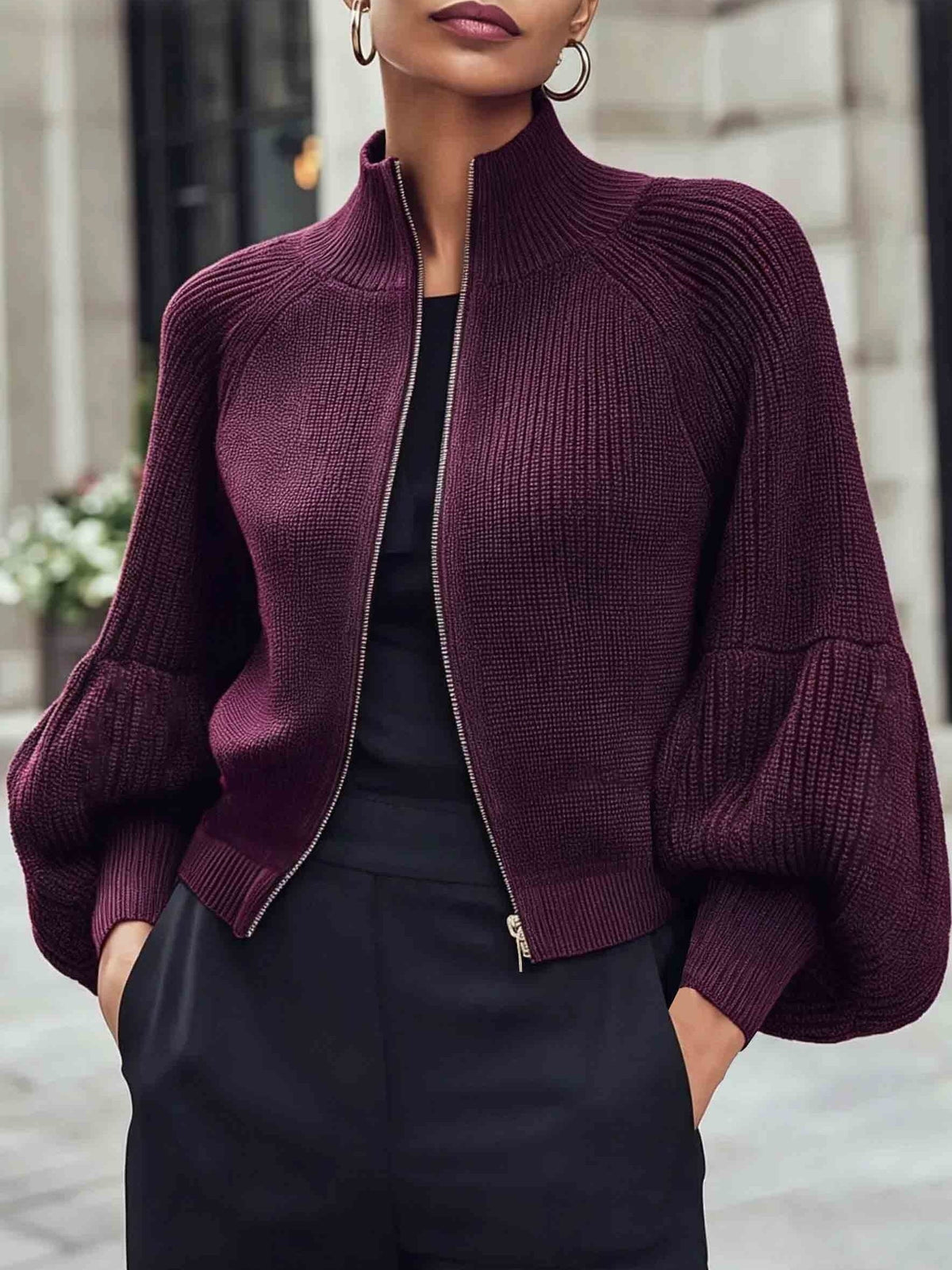 Women's Cropped Zip Cardigan - Purple, front view