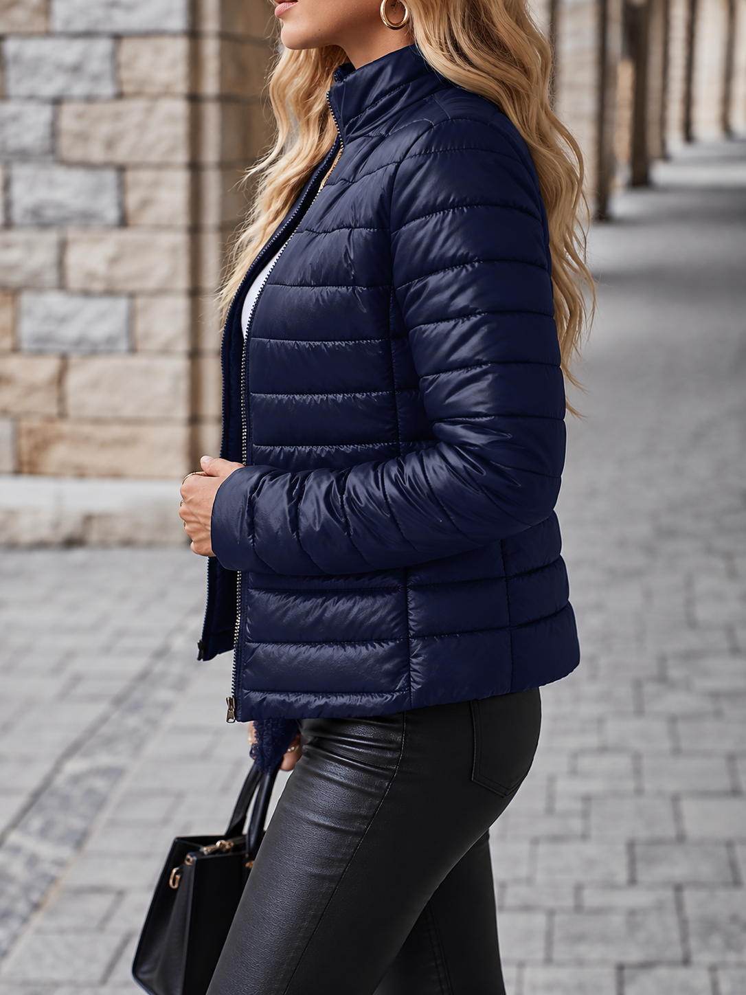 Women's Cropped Quilted Puffer - Navy Blue, side view