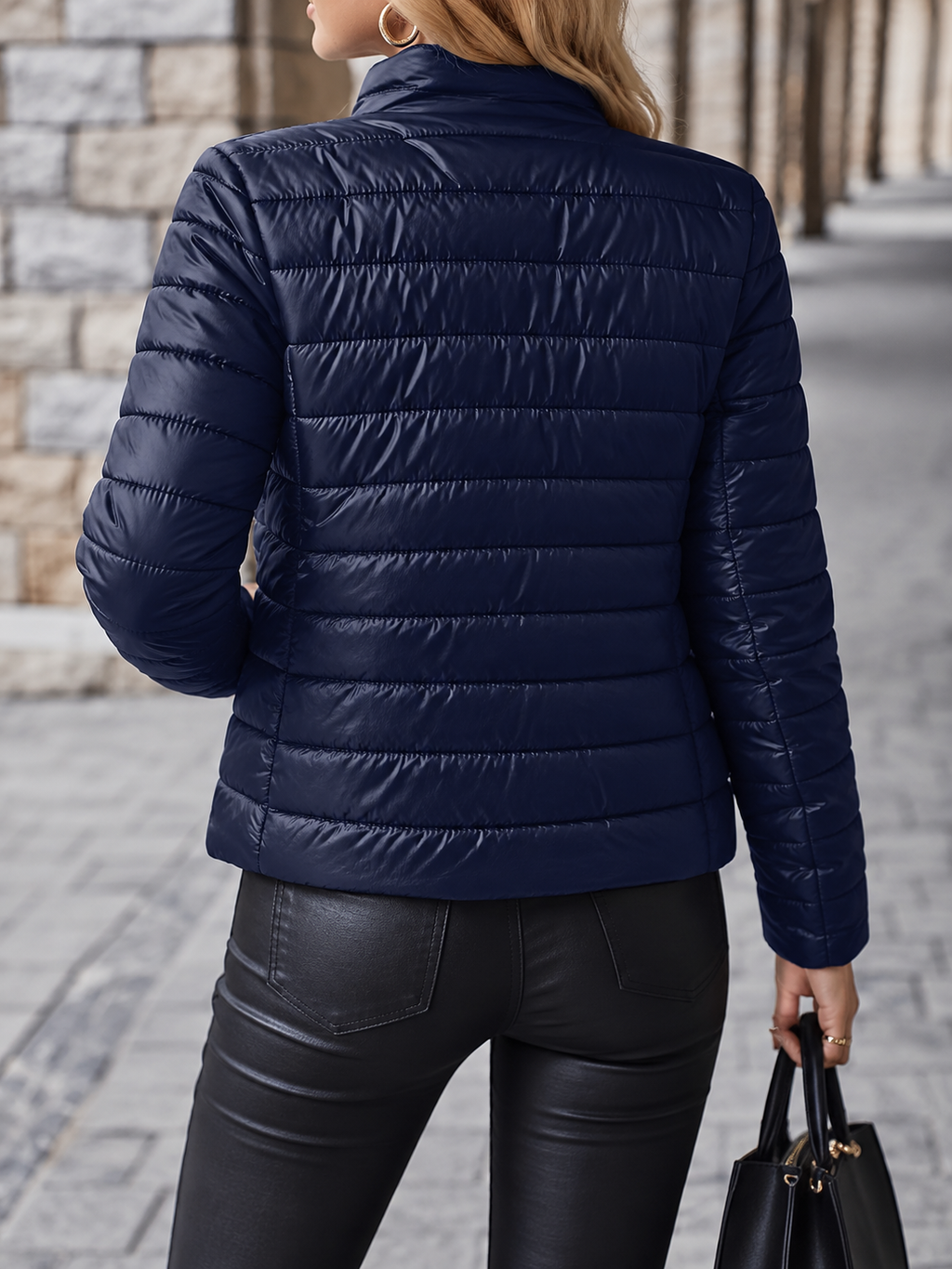 Women's Cropped Quilted Puffer - Navy Blue, back view