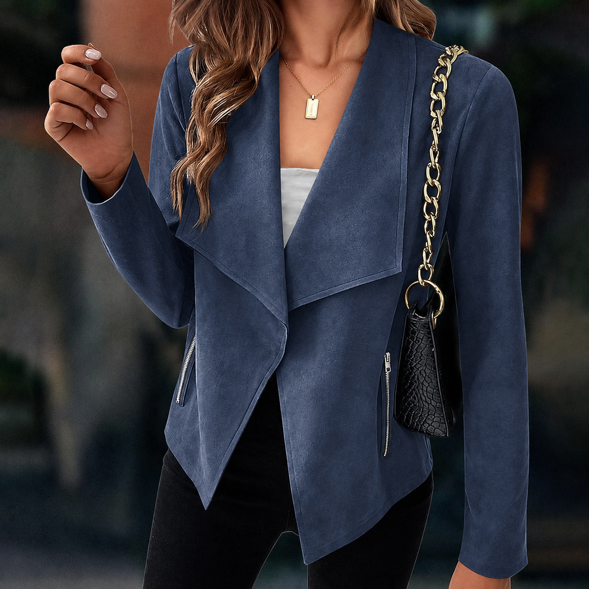 Women's Cropped Suede-Look Jacket - Navy Blue, front view