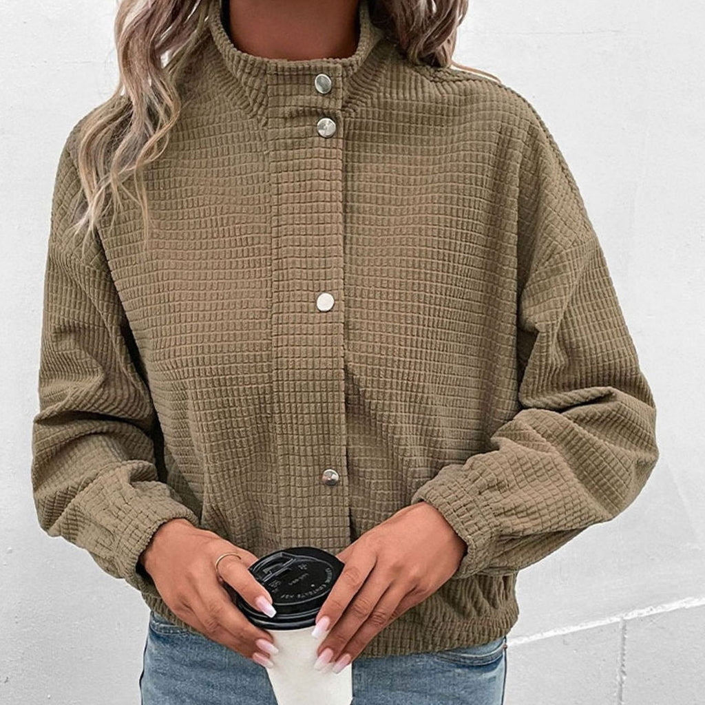 Women's Cropped Waffle Knit Jacket - Brown, back view