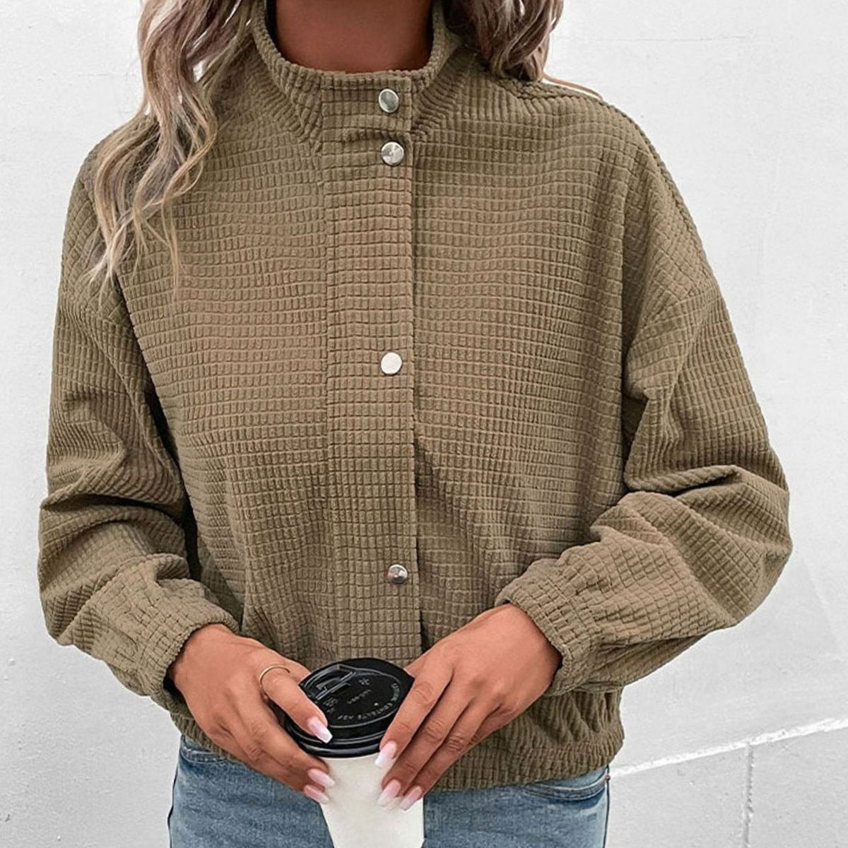 Women's Cropped Waffle Knit Jacket - Brown, back view