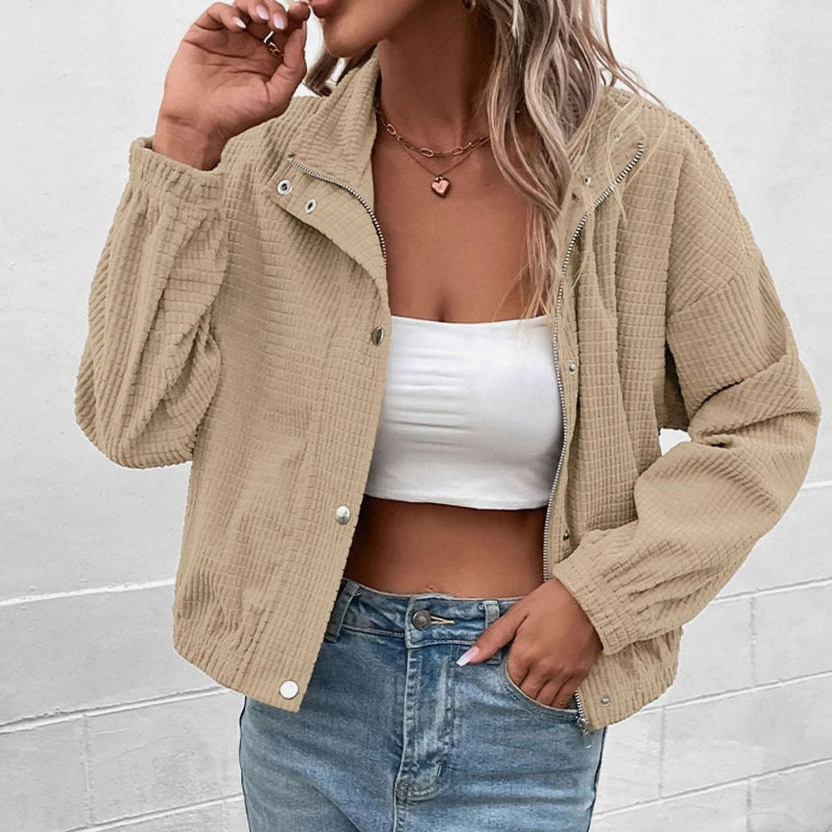 Women's Cropped Waffle Knit Jacket - Apricot, front view