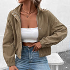 Women's Cropped Waffle Jacket - Brown, front view
