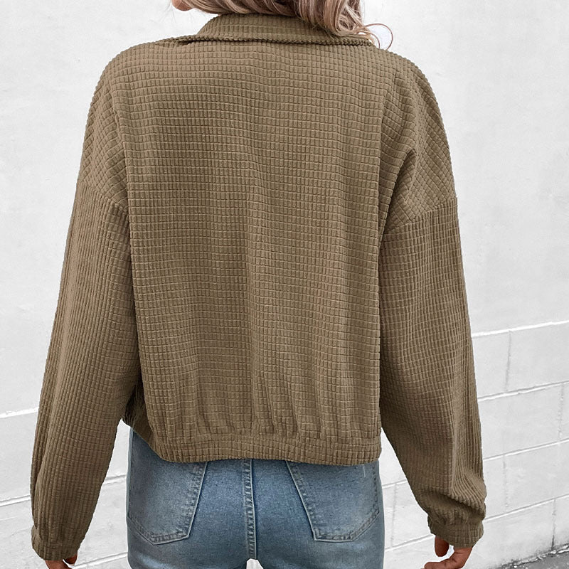 Women's Cropped Waffle Jacket - Brown, side view
