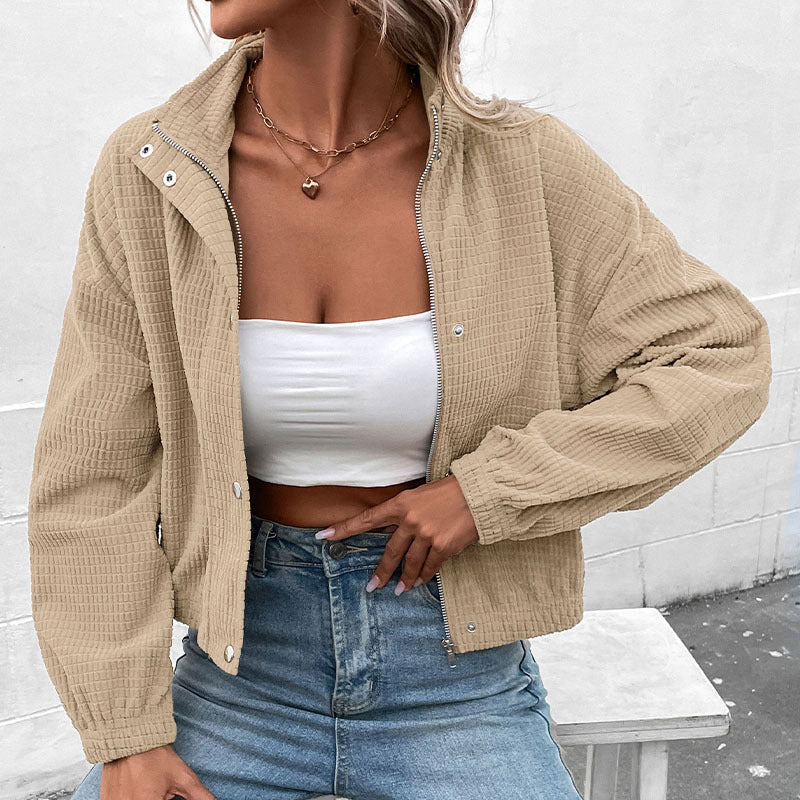Women's Cropped Waffle Jacket - Apricot, front view