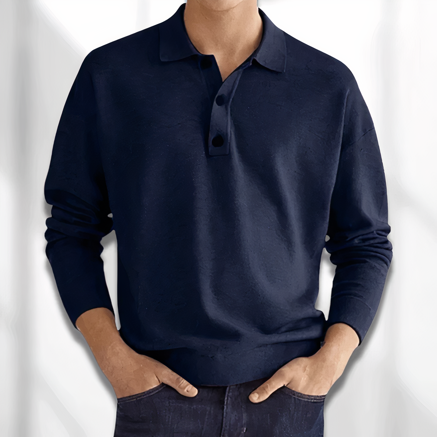 Men's Long Sleeve Knit Polo - Three-Button Placket - Navy Blue