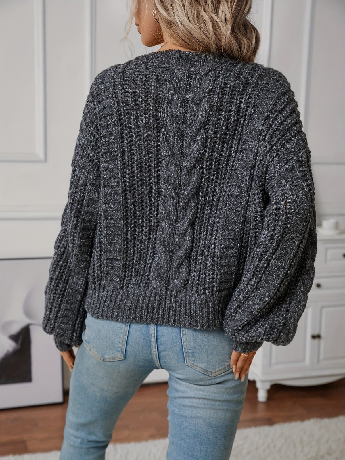 Women's Chunky Cable Knit Jumper - Charcoal, detail view