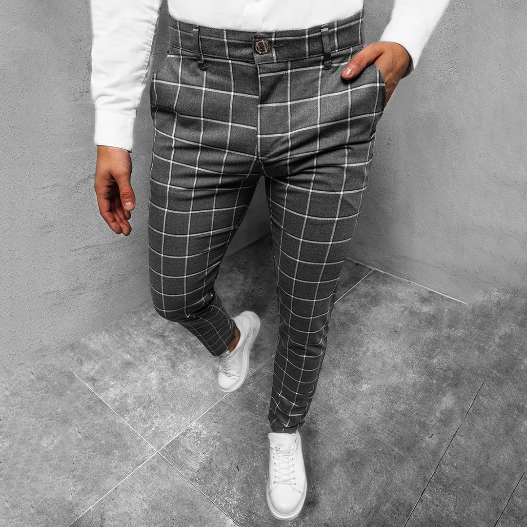 Men's Windowpane Check Tapered Trousers with Button Closure - Dark Grey with white check
