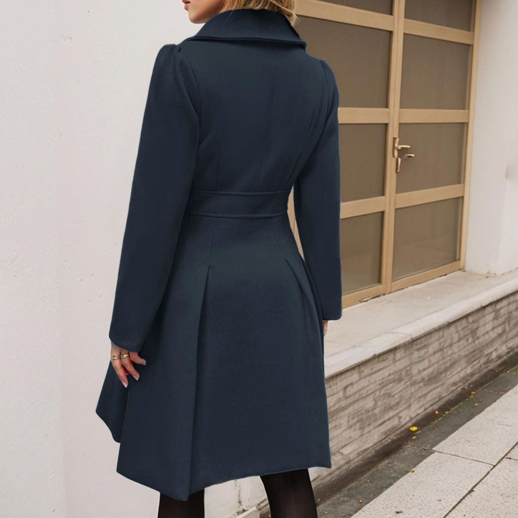 Women's Double-Breasted Wool Coat - Navy Blue, side view