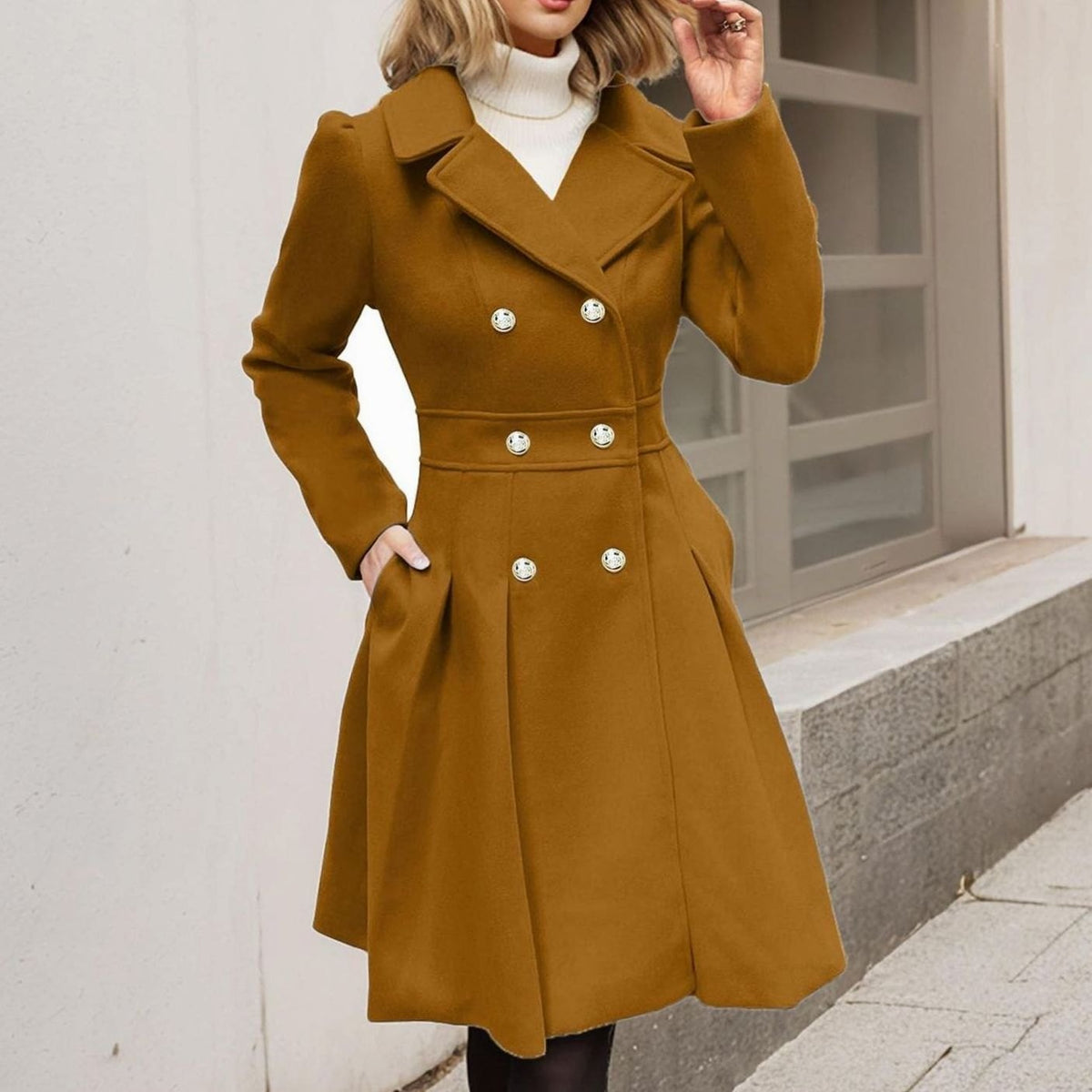 Women's Double-Breasted Wool Coat - Caramel, front view