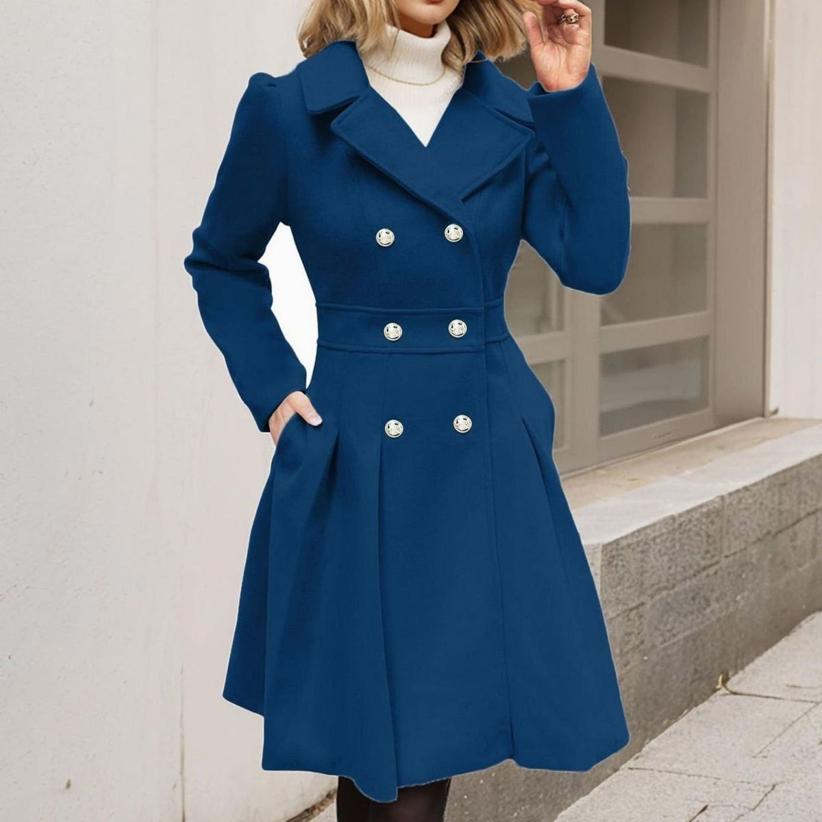 Women's Double-Breasted Wool Coat - Blue, front view