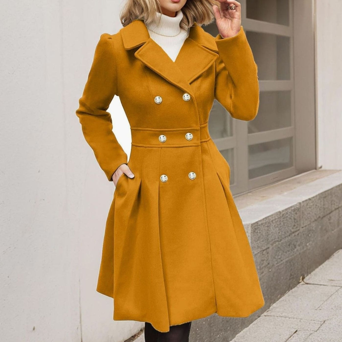 Women's Double-Breasted Wool Coat - Yellow, front view