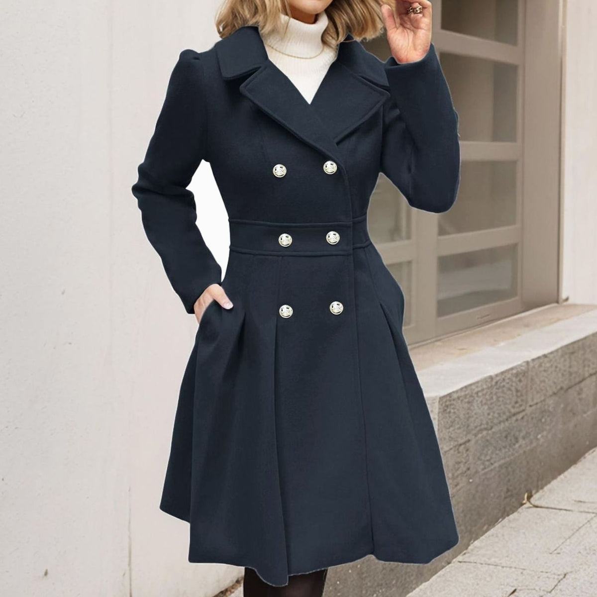 Women's Double-Breasted Wool Coat - Navy Blue, front view