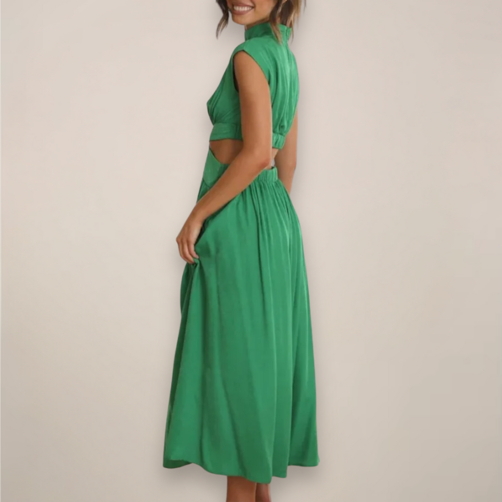 Women's High-Neck Maxi Dress - Cap Sleeve Cut-Out Waist - Green side view
