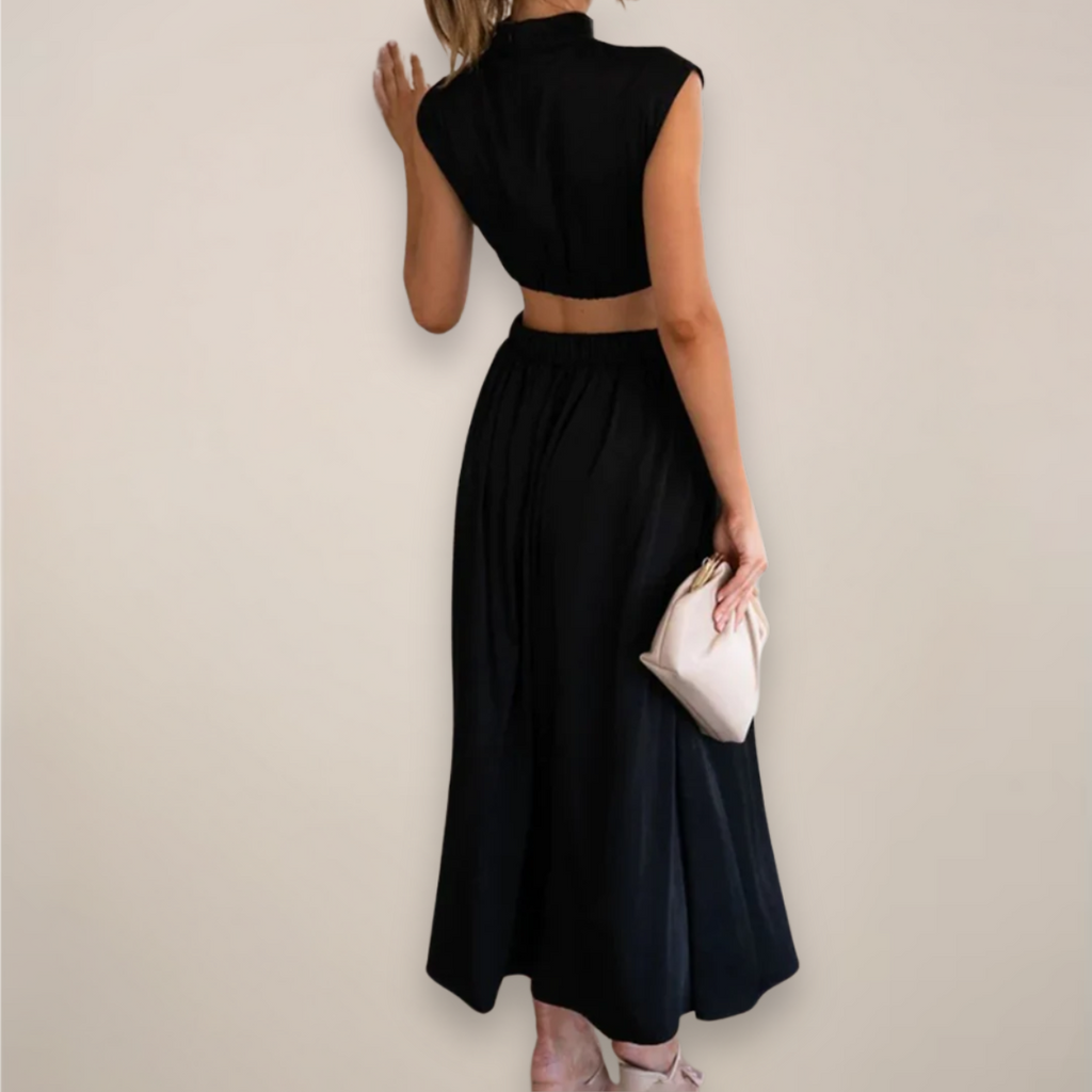 Women's High-Neck Maxi Dress - Cap Sleeve Cut-Out Waist - Black open back