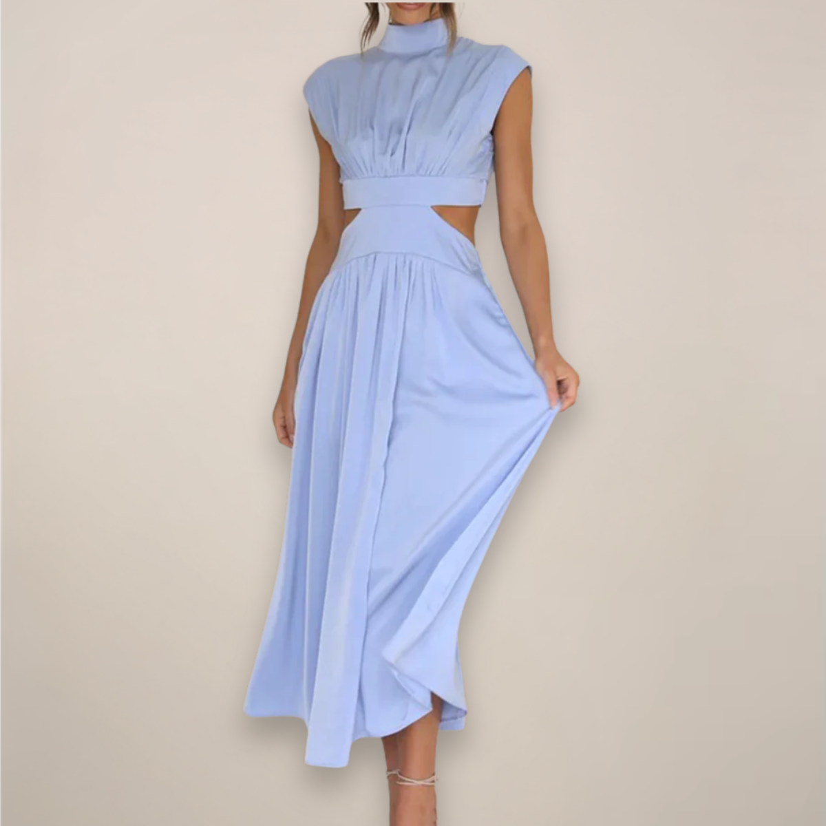 Women's High-Neck Maxi Dress - Cap Sleeve Cut-Out Waist - Light Blue