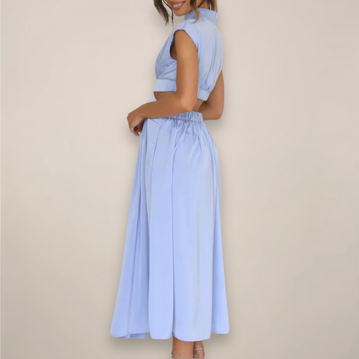 Women's High-Neck Maxi Dress - Cap Sleeve Cut-Out Waist - Light Blue side view