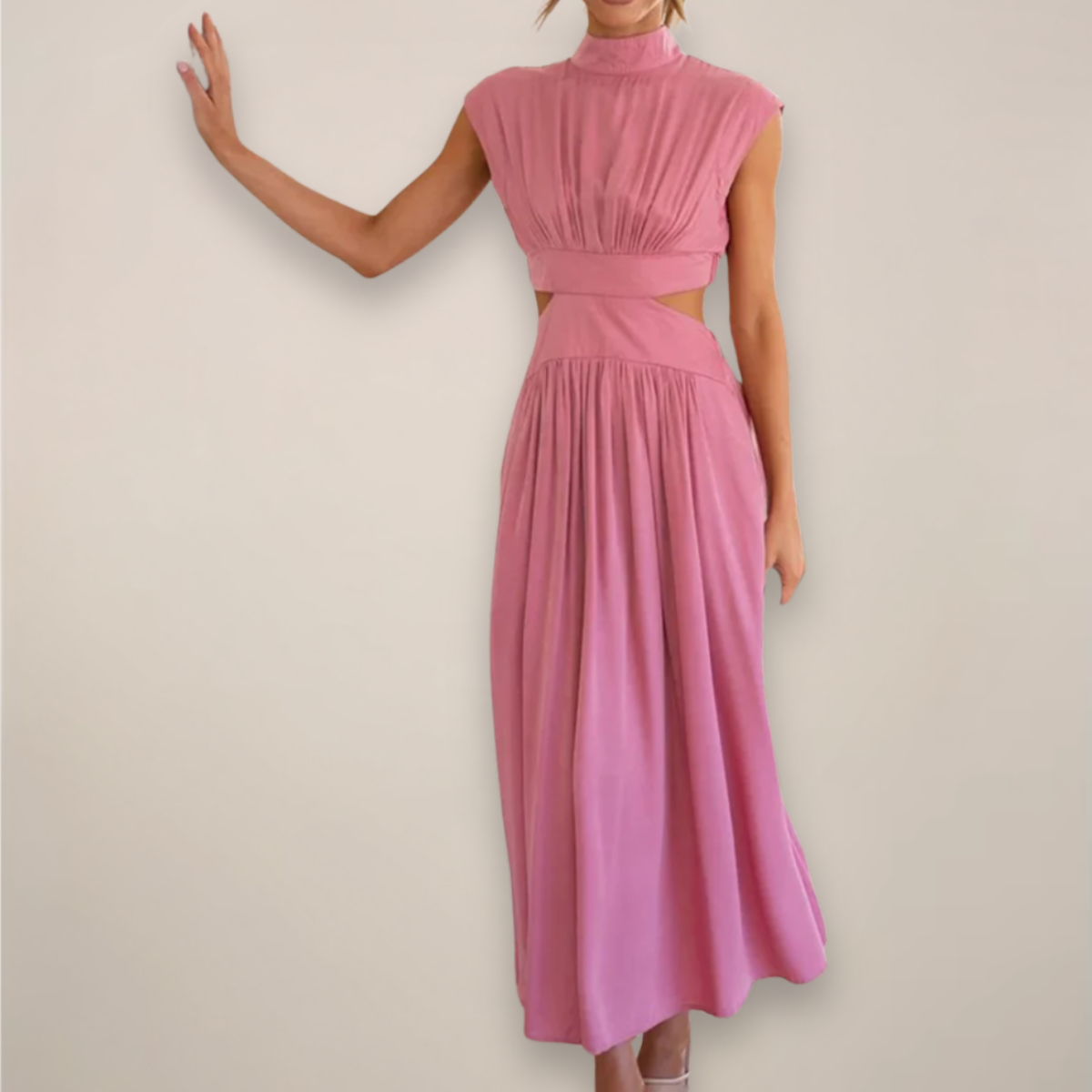 Women's High-Neck Maxi Dress - Cap Sleeve Cut-Out Waist - Pink