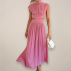 Women's High-Neck Maxi Dress - Cap Sleeve Cut-Out Waist - Pink front view