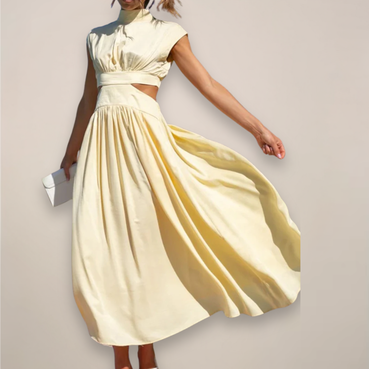 Women's High-Neck Maxi Dress - Cap Sleeve Cut-Out Waist - Light Yellow