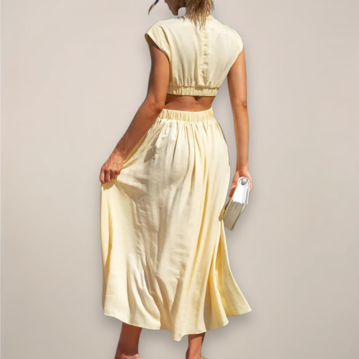 Women's High-Neck Maxi Dress - Cap Sleeve Cut-Out Waist - Light Yellow back view