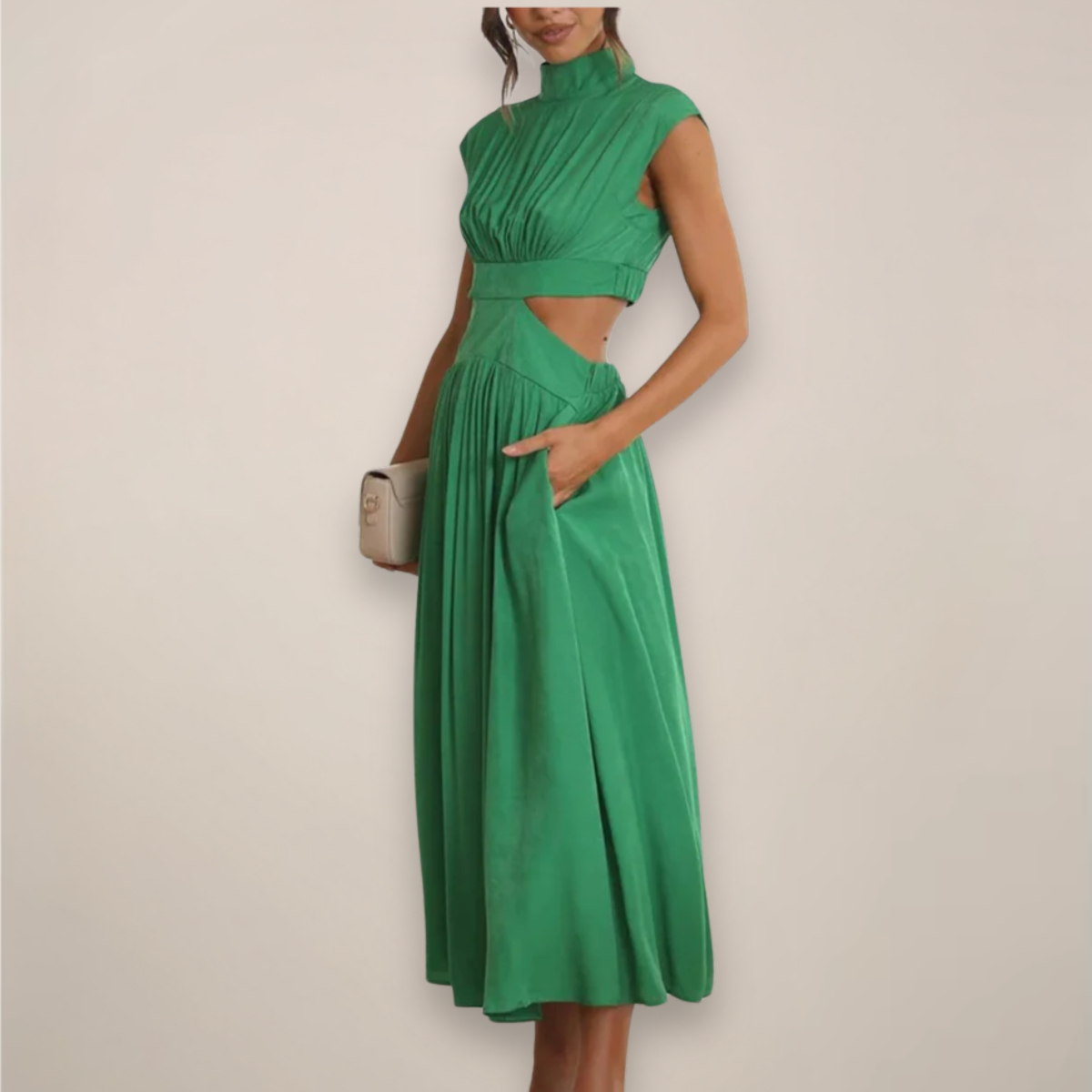Women's High-Neck Maxi Dress - Cap Sleeve Cut-Out Waist - Green