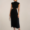 Women's High-Neck Maxi Dress - Cap Sleeve Cut-Out Waist - Black