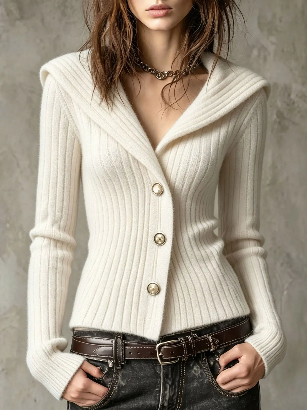 Women's Ribbed Knit Cardigan - White, front view