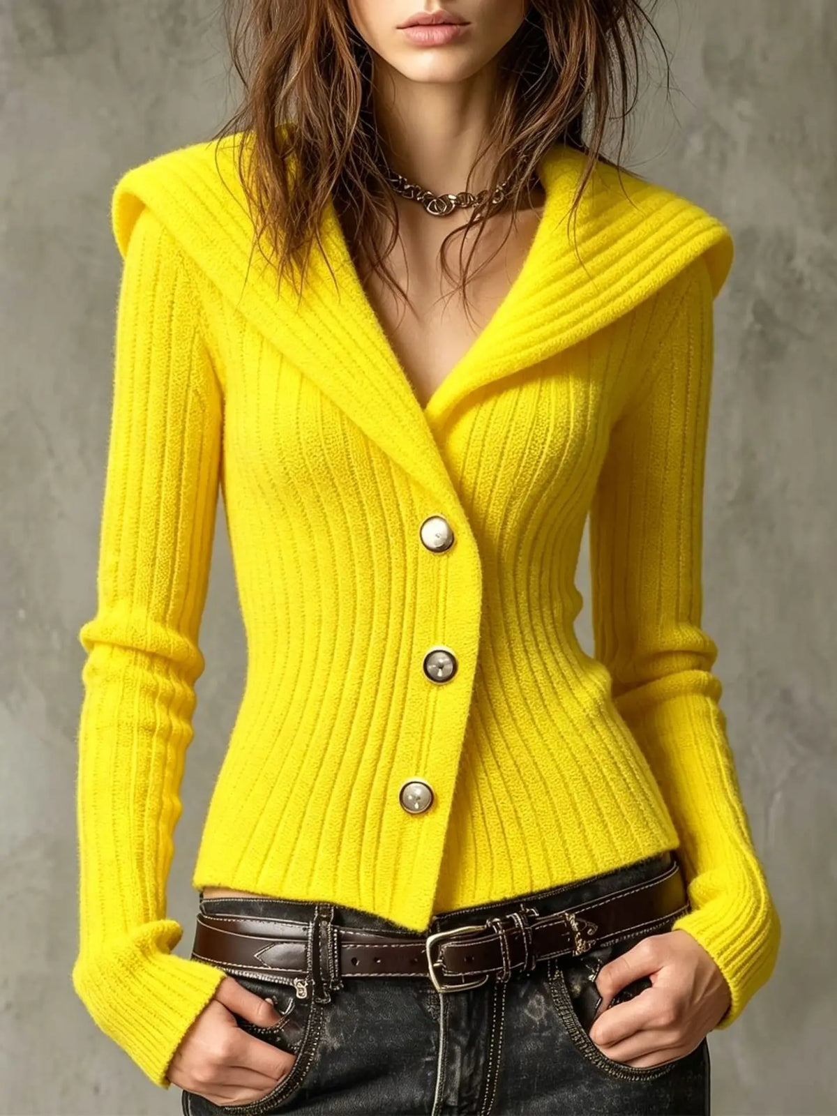 Women's Ribbed Knit Cardigan - Yellow, front view