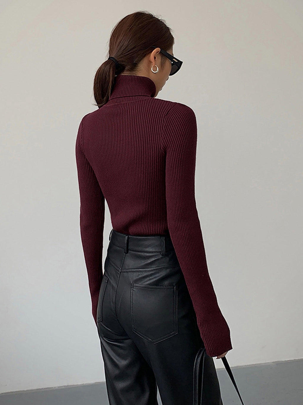 Women's Fine Rib Turtleneck Jumper - Burgundy, detail view