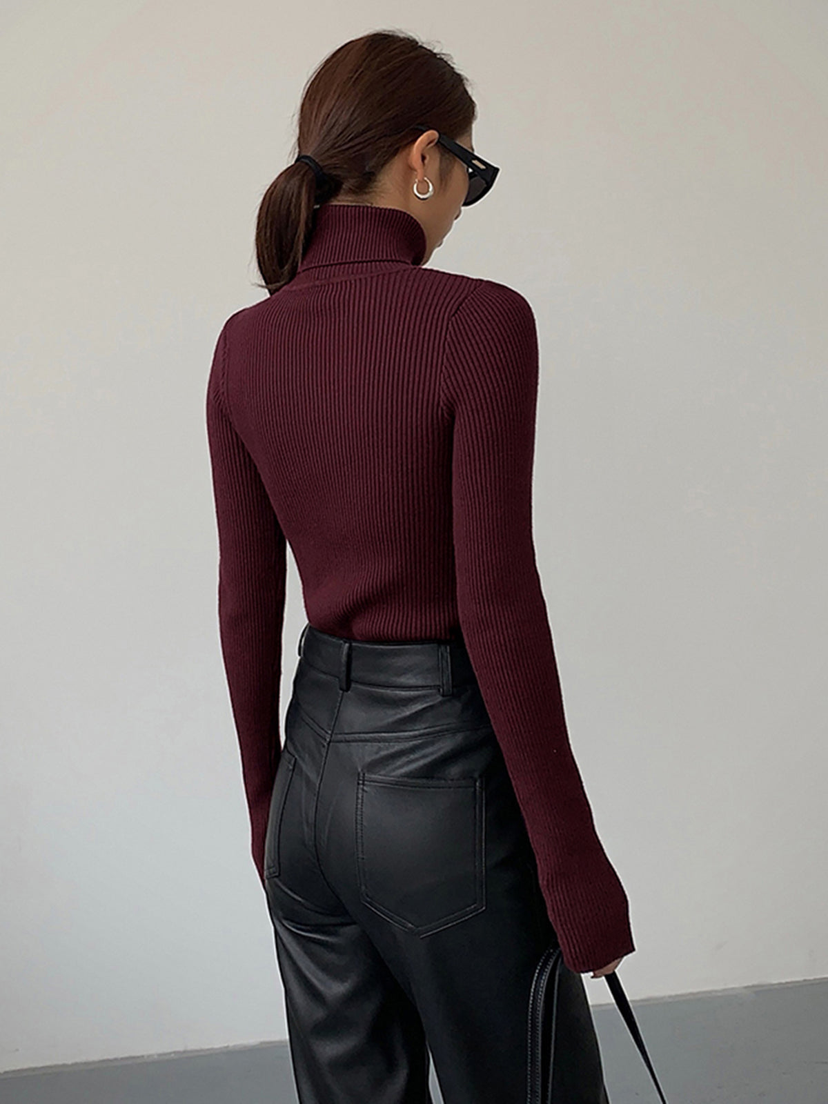 Women's Fine Rib Turtleneck Jumper - Burgundy, detail view