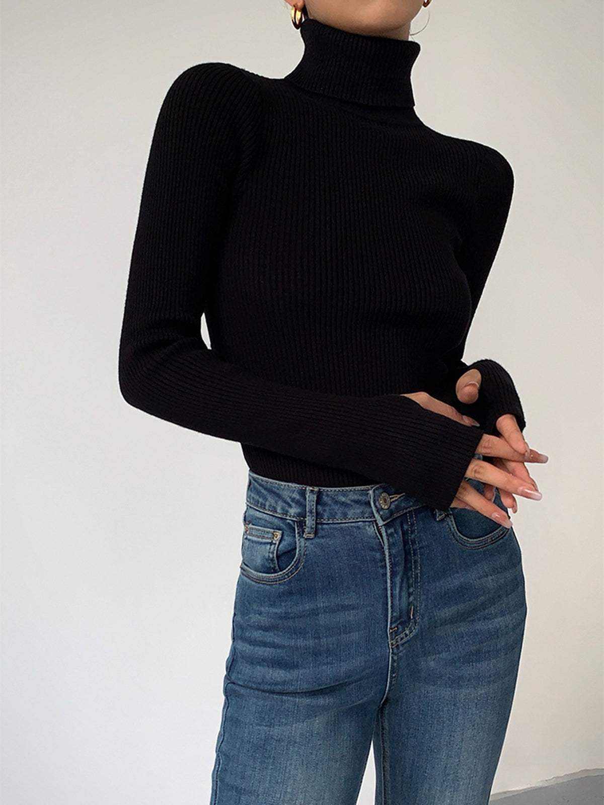 Women's Fine Rib Turtleneck Jumper - Black, front view