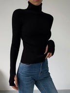 Women's Fine Rib Turtleneck Jumper - Black, detail view
