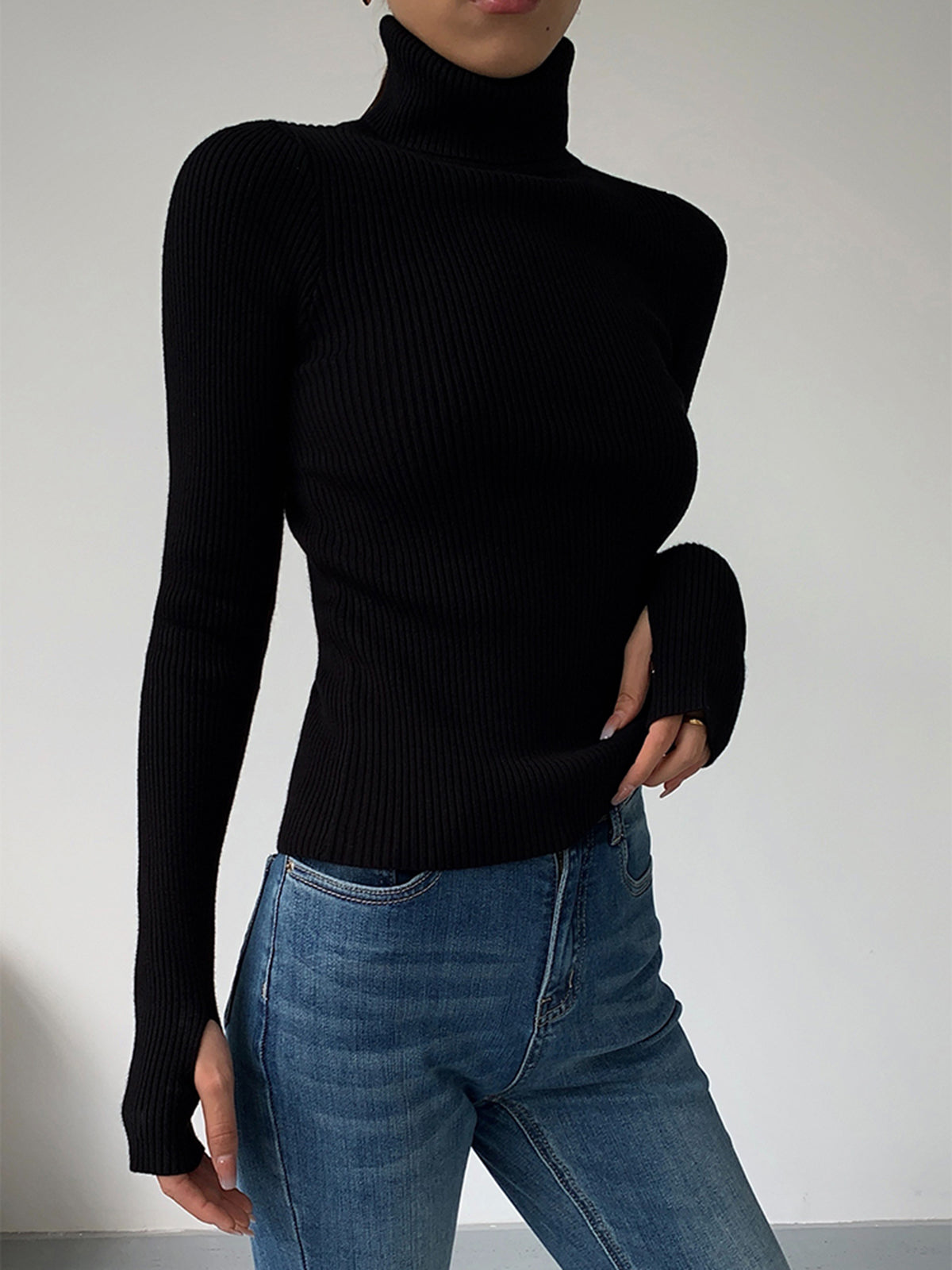 Women's Fine Rib Turtleneck Jumper - Black, detail view