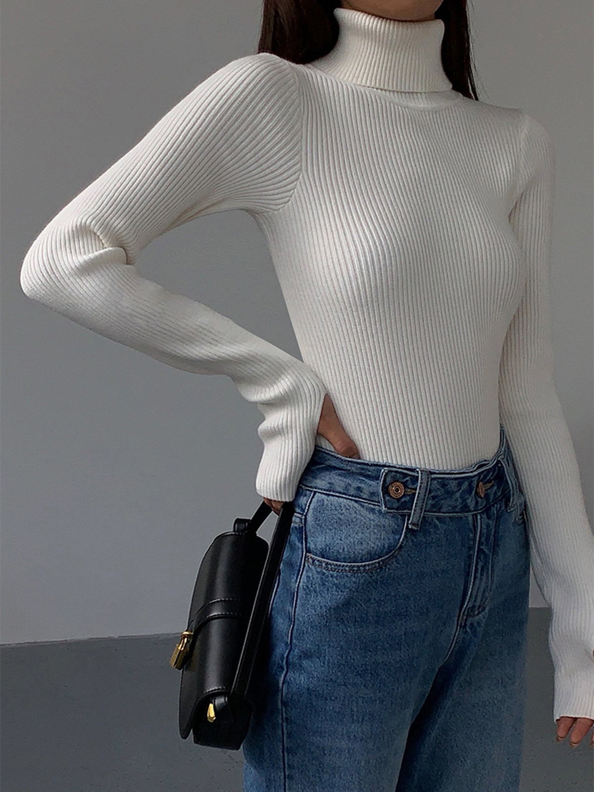 Women's Fine Rib Turtleneck Jumper - White, front view