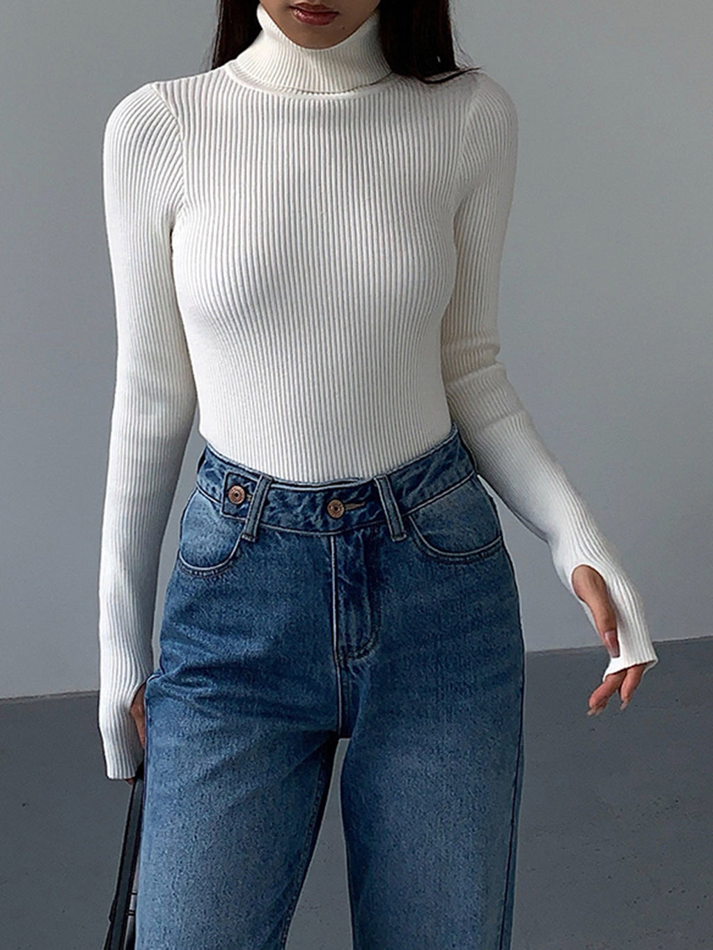 Women's Fine Rib Turtleneck Jumper - White, detail view