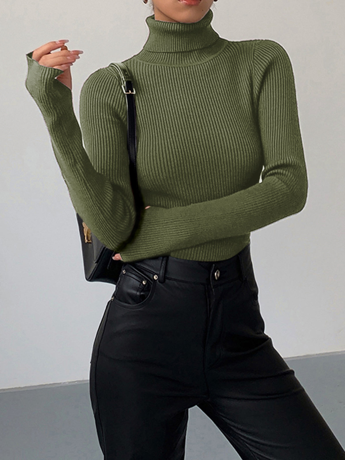 Women's Fine Rib Turtleneck Jumper - Green, front view