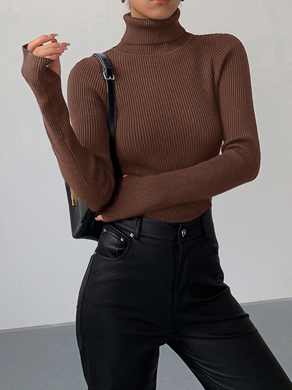 Women's Fine Rib Turtleneck Jumper - Brown, front view