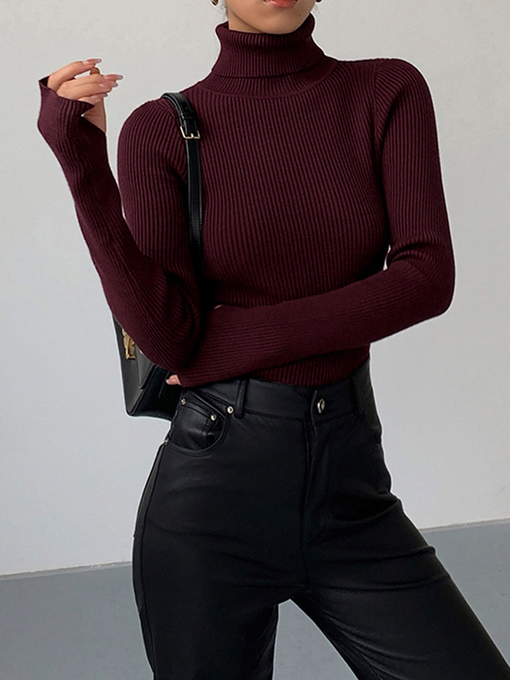 Women's Fine Rib Turtleneck Jumper - Burgundy, front view
