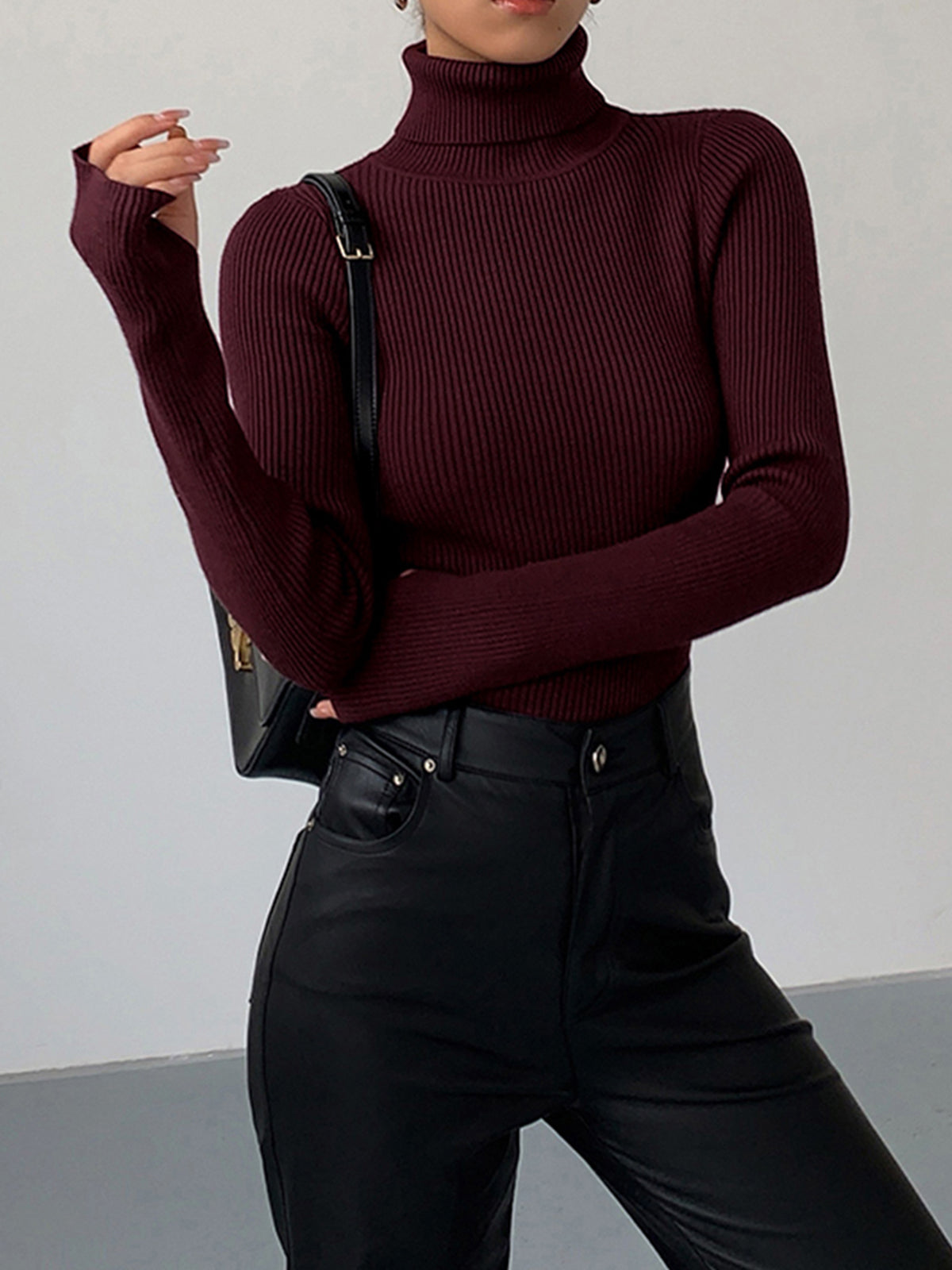 Women's Fine Rib Turtleneck Jumper - Burgundy, front view
