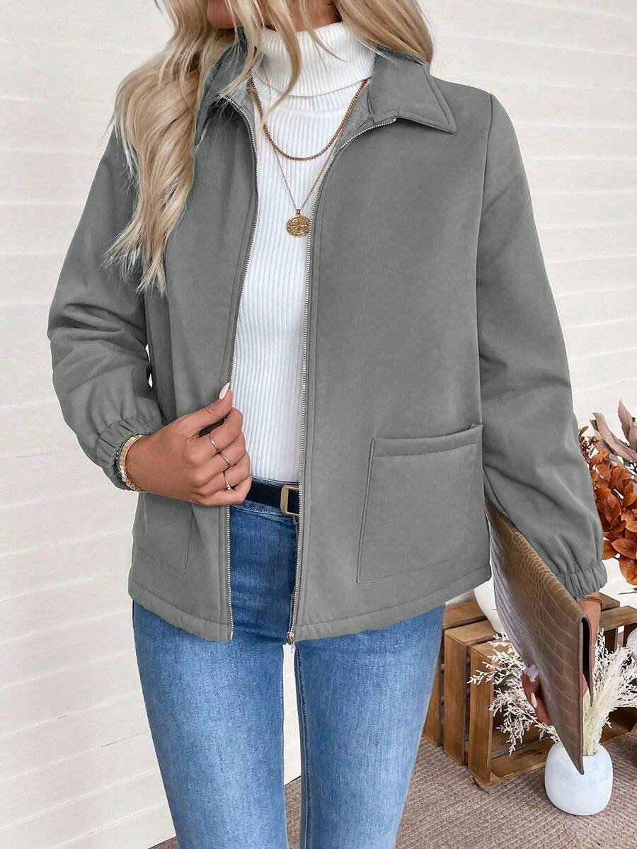Women's Fleece-Lined Zip Jacket - Light Grey, front view