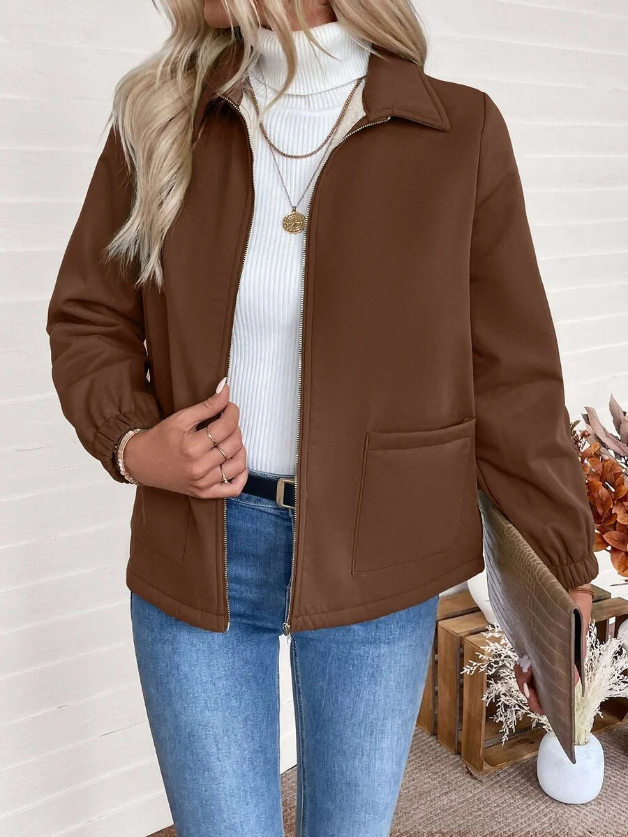 Women's Fleece-Lined Zip Jacket - Brown, front view